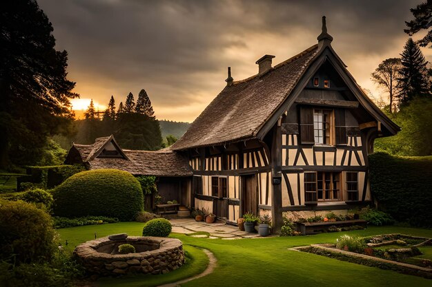 Casa de piedra en el bosque con jardín.