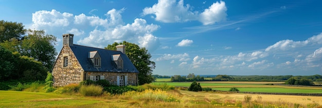 Casa de piedra rústica en medio de campos verdes bajo un cielo nublado
