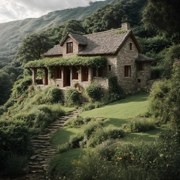 Casa de piedra tradicional en medio de una belleza verde y el abrazo de la naturaleza