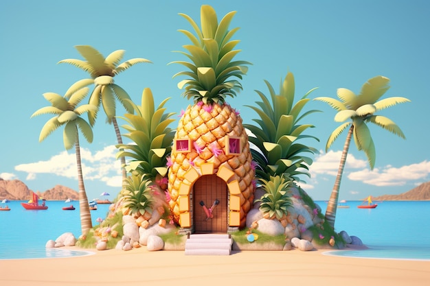 Casa de piña en la playa Ilustración 3D vibraciones de verano