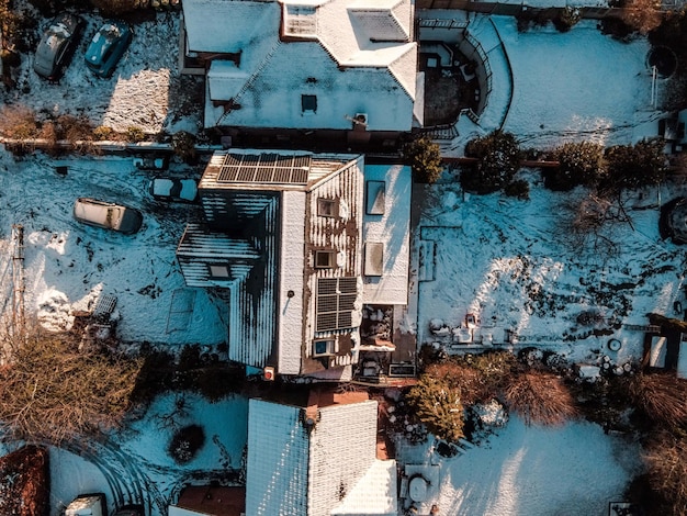 casa con pinos nevados en invierno