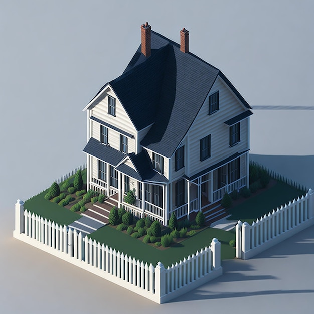 Una casa pintoresca con una valla de piquetes en vista isométrica