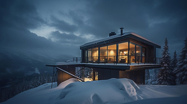 Una casa de pintura con un gran techo de cristal se asienta en la nieve.