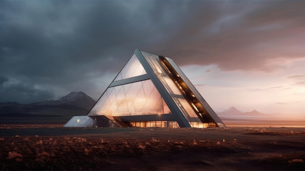 Casa piramidal futurista de renderização 3D com IA geradora de aquecimento geotérmico