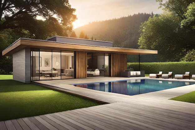 Una casa con piscina y un árbol al fondo.