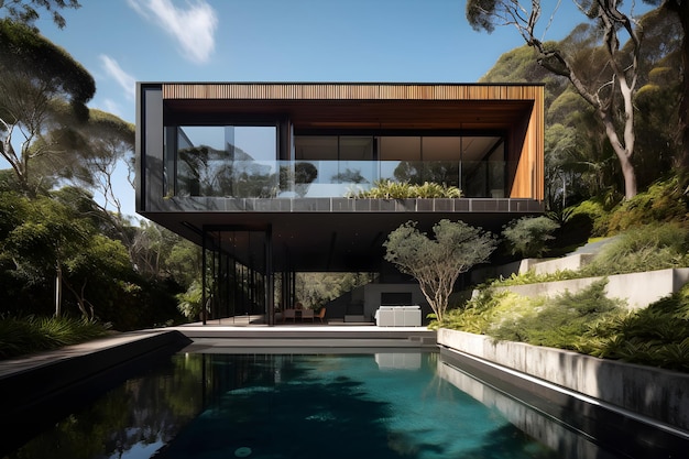 Una casa con piscina y árboles al fondo.