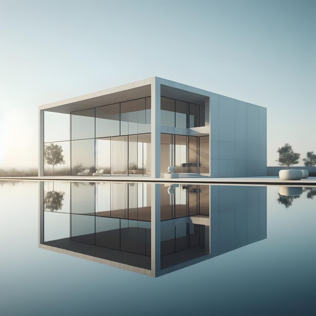 una casa con una piscina y un barco en el agua