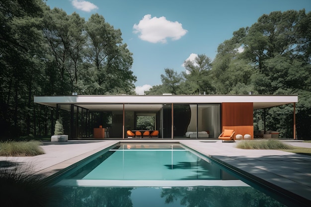 Una casa con piscina y una casa al fondo.