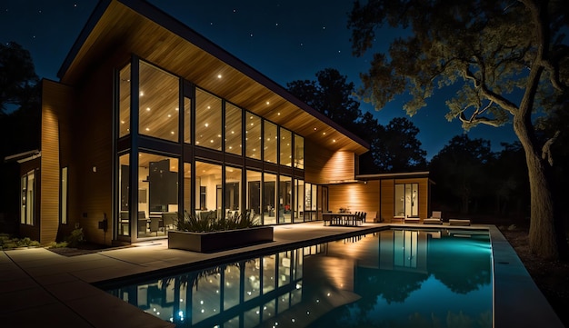 Una casa con piscina y una casa con fondo de cielo