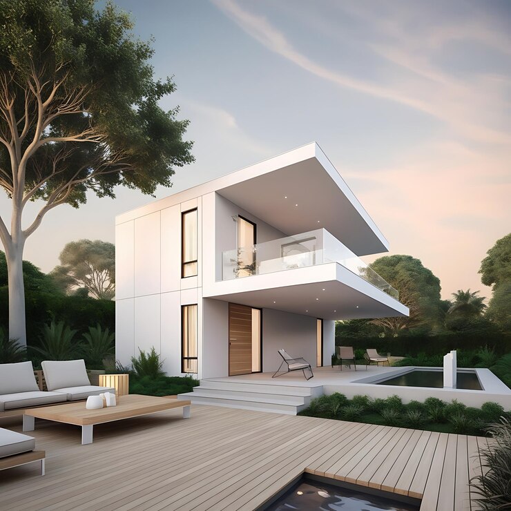una casa con una piscina y una cubierta con vistas al patio trasero