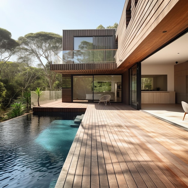 Una casa con piscina y un deck de madera con una silla encima.