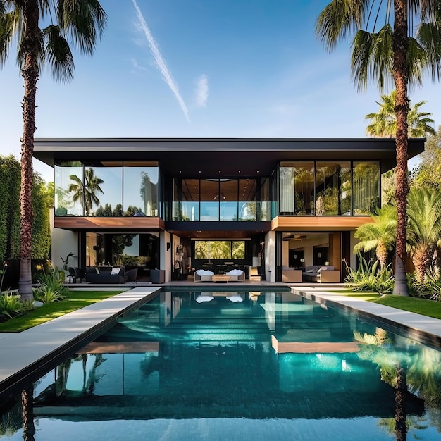 Una casa con una piscina en frente