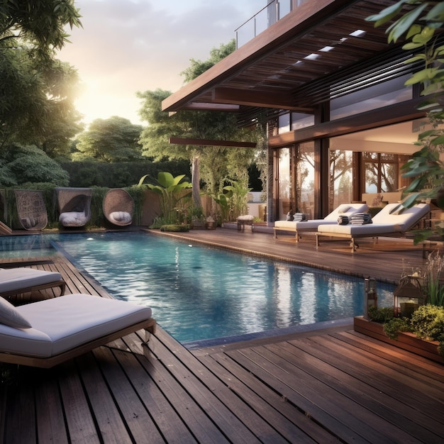 Casa piscina en jardín y terraza Ai generativa