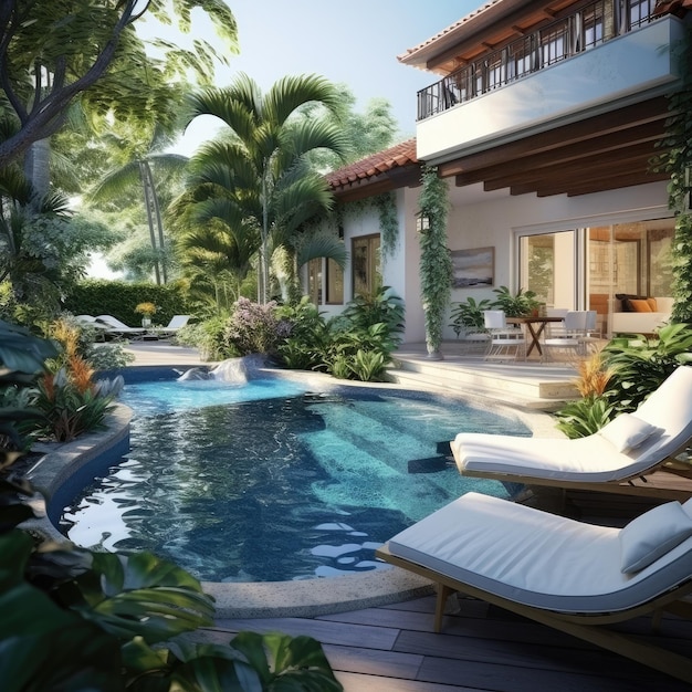 Casa piscina en jardín y terraza Ai generativa