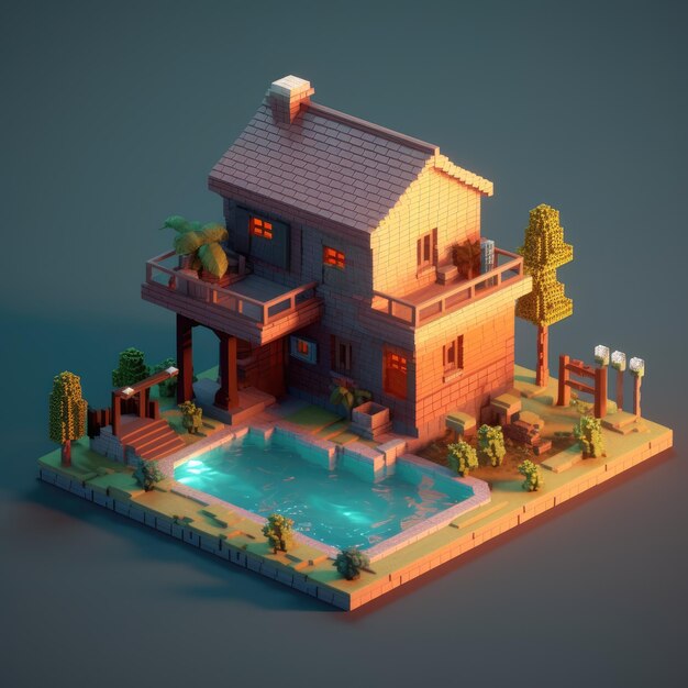 Una casa con una piscina en el medio