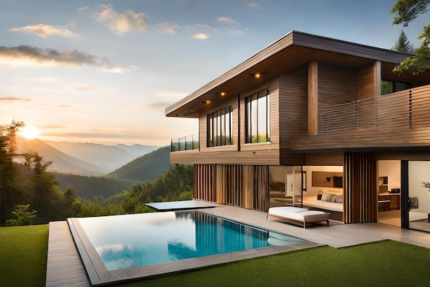 Una casa con piscina en la montaña