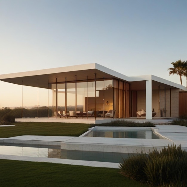 una casa con una piscina y una palmera en el fondo