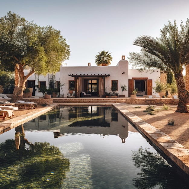 Una casa con piscina y una palmera en primer plano