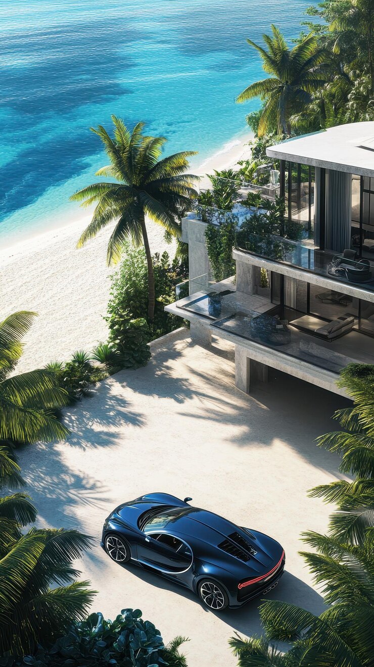 una casa con una piscina y una palmera