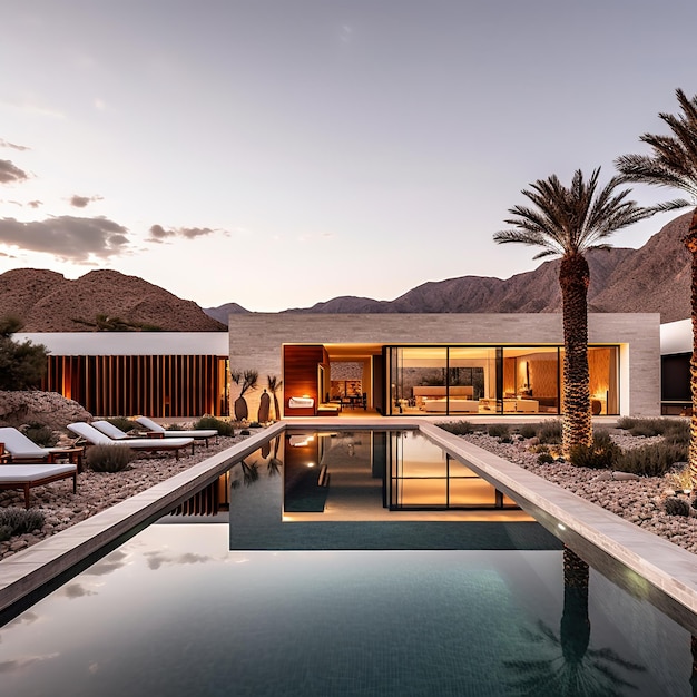 Una casa con piscina y palmeras al fondo.