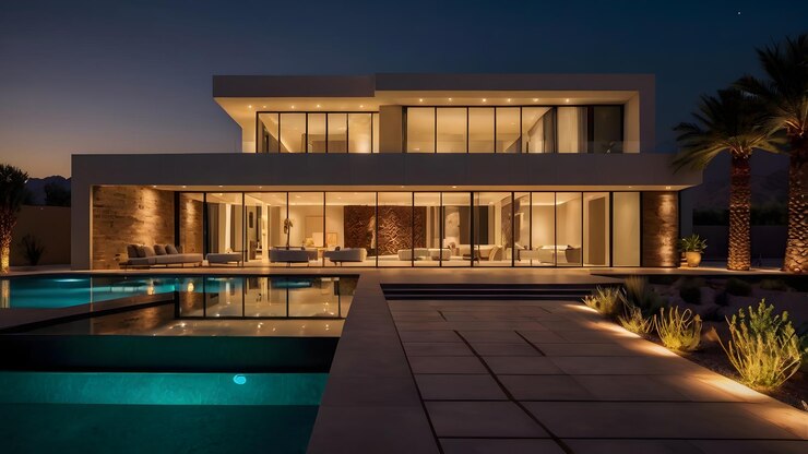una casa con una piscina y una piscina en el fondo