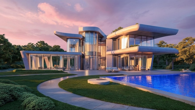 una casa con una piscina y una piscina grande en el primer plano