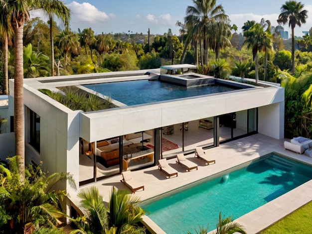 Foto una casa con una piscina y una piscina con palmeras en el fondo