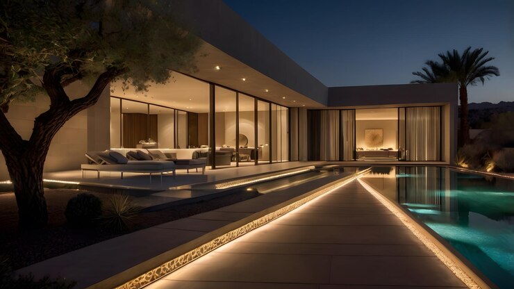 una casa con una piscina y una piscina con una piscina grande en el fondo