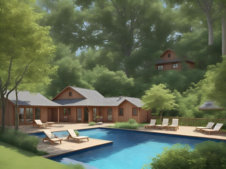 una casa con una piscina y una piscina con una piscina en primer plano