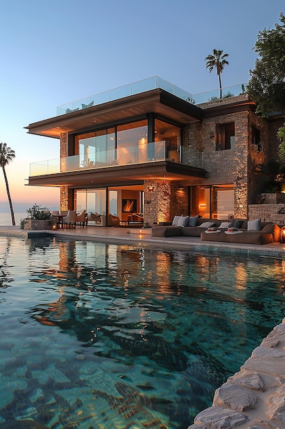 una casa con una piscina y una piscina con vistas al océano