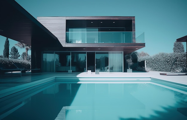 Una casa con piscina y puerta de cristal.