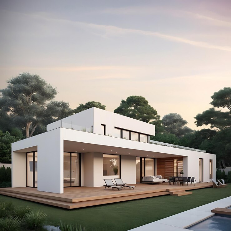una casa con una piscina y una silla en la cubierta