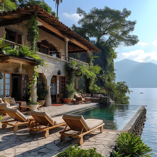 Una casa con una piscina y sillas de descanso