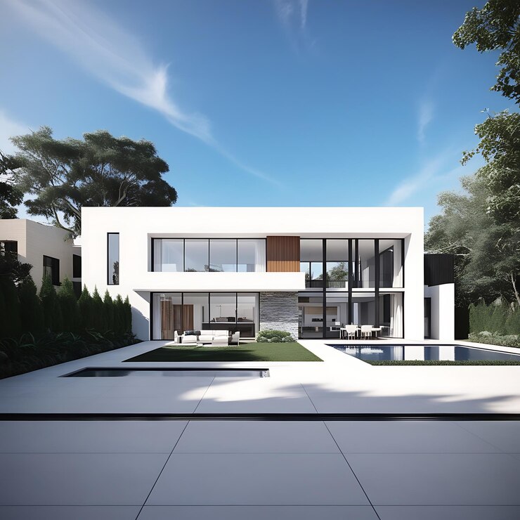 una casa con piscina y vista al jardín