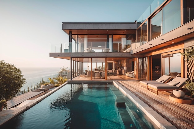 Una casa con piscina y vista al mar