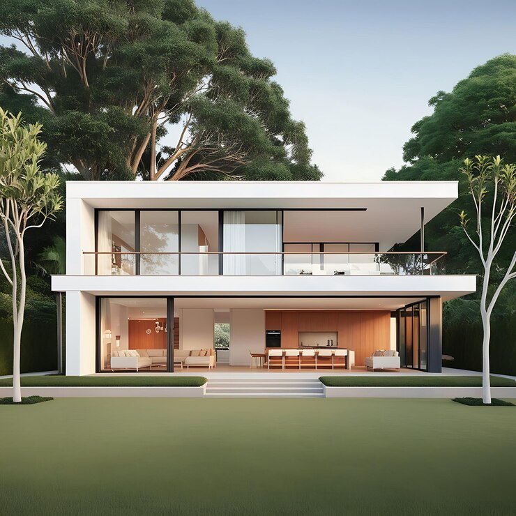 una casa con una piscina y una vista de la piscina