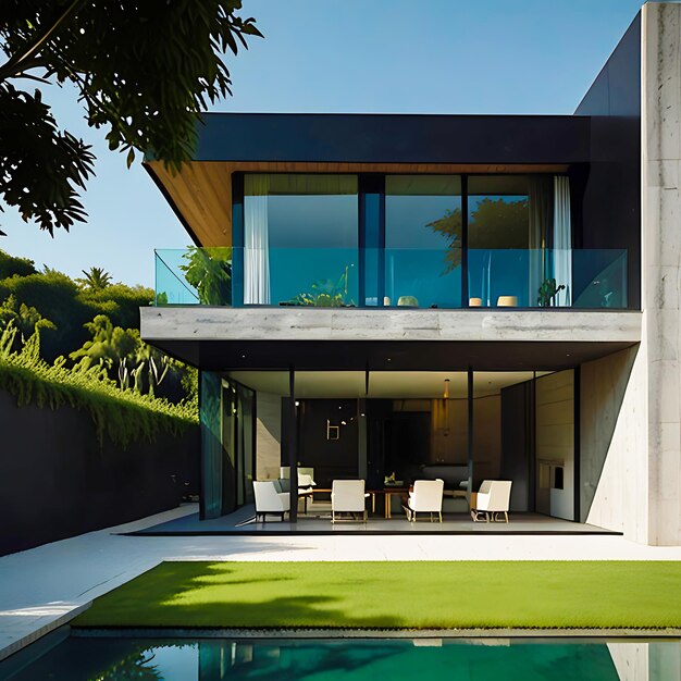 Foto una casa con una piscina y una vista de la piscina