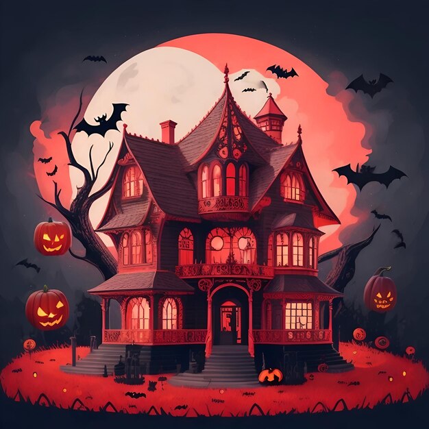 Casa plana de Halloween com fundo vermelho-preto