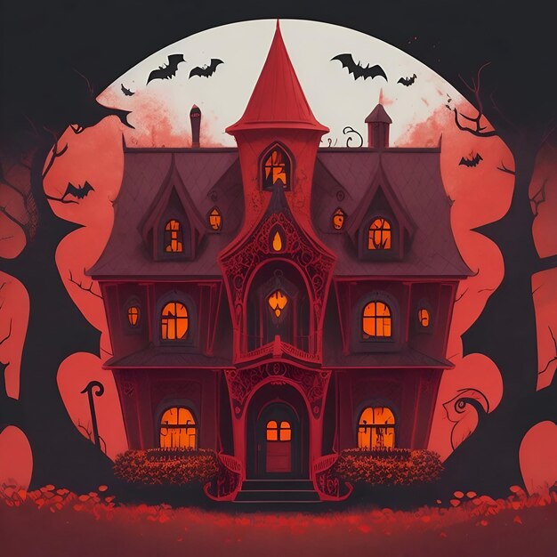 Casa plana de halloween con fondo rojonegro