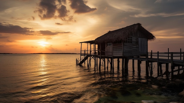 una casa en una playa al atardecer