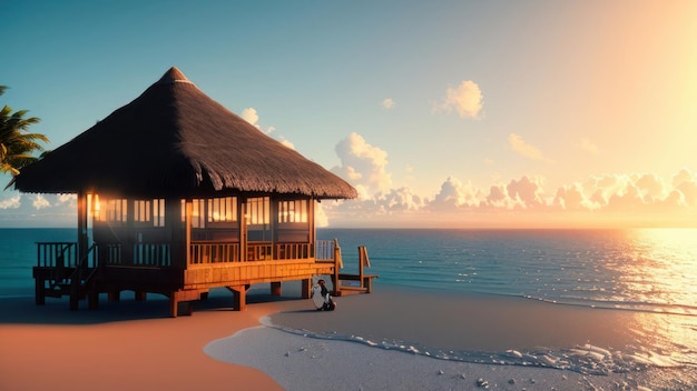 Una casa en una playa con un atardecer de fondo