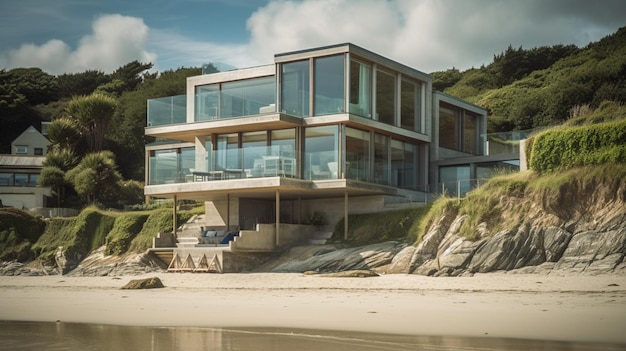 Una casa en la playa con un balcón grande y una casa grande a la derecha.