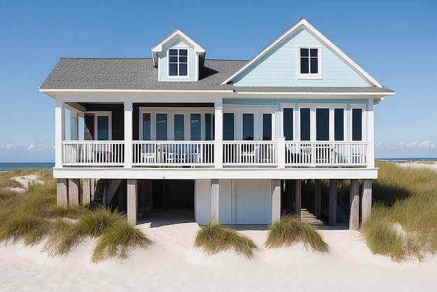 Una casa de playa con una casa de playa en el frente