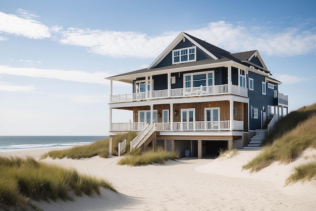 Una casa de playa con una casa de playa en el frente