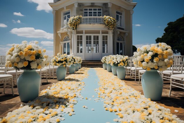 Una casa de playa con flores en la mesa y una casa grande en el fondo