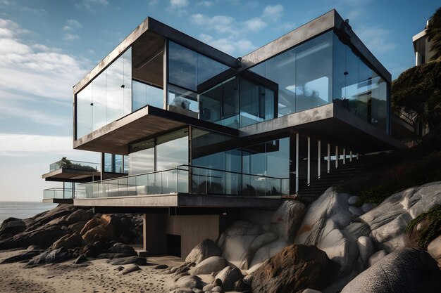 Una casa en una playa con un fondo de cielo