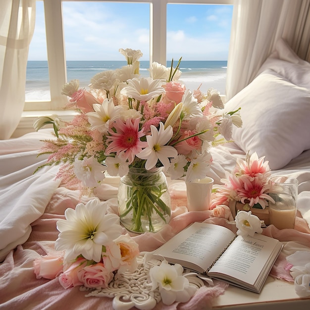Una casa en la playa llena de hermosos ramos de flores y un diario destacado sobre la cama.
