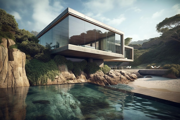Casa de playa de lujo con piscina con vista al mar en diseño moderno Generative Ai