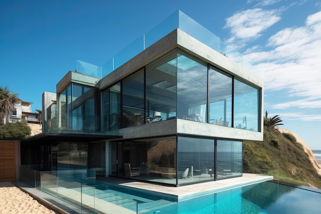 Casa de playa de lujo con piscina con vistas al mar y terraza en casa de vacaciones de diseño moderno o villa de vacaciones para familia numerosa Generative Ai