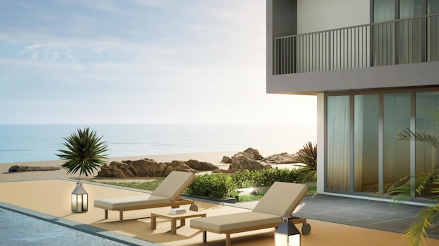 Casa de playa de lujo con piscina con vistas al mar y terraza en un diseño moderno.